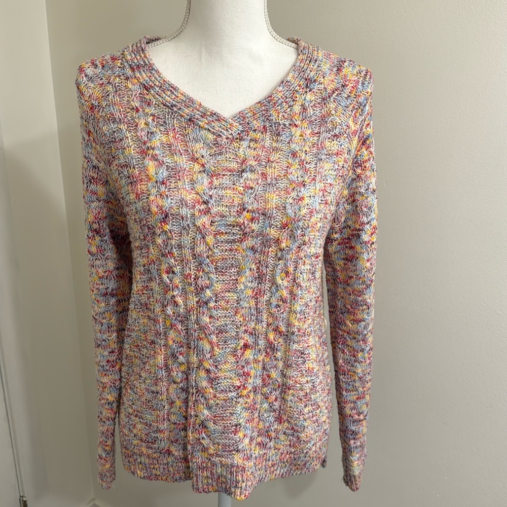 Time & Tru Colorful Multi Color Cable Knit V-Neck Sweater Women’s Size Small